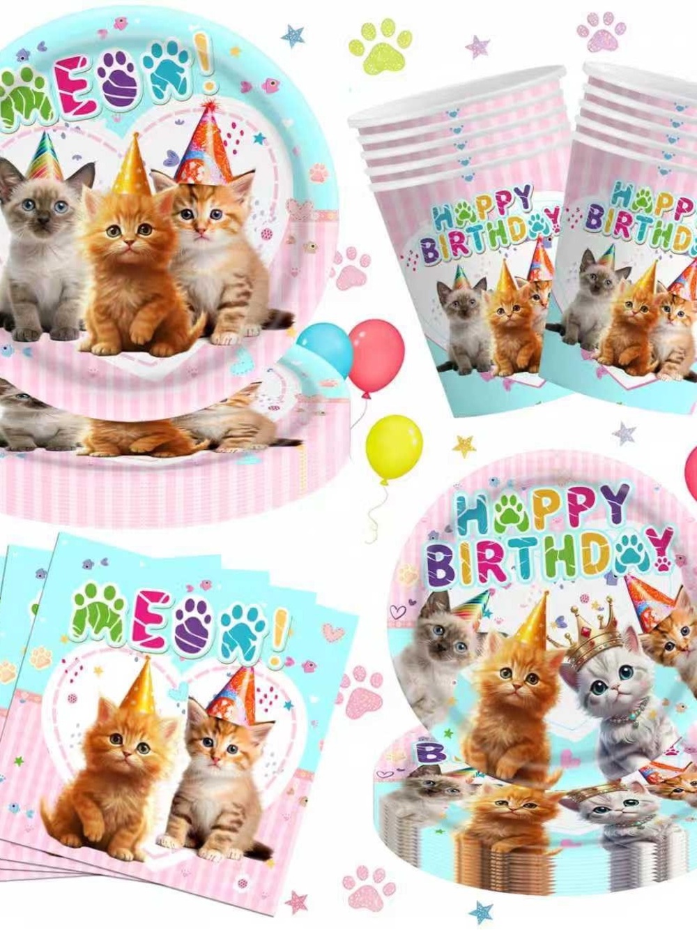 Brand New 80PCS Cat Birthday Decorations, Complete Paper Tableware Set Includes